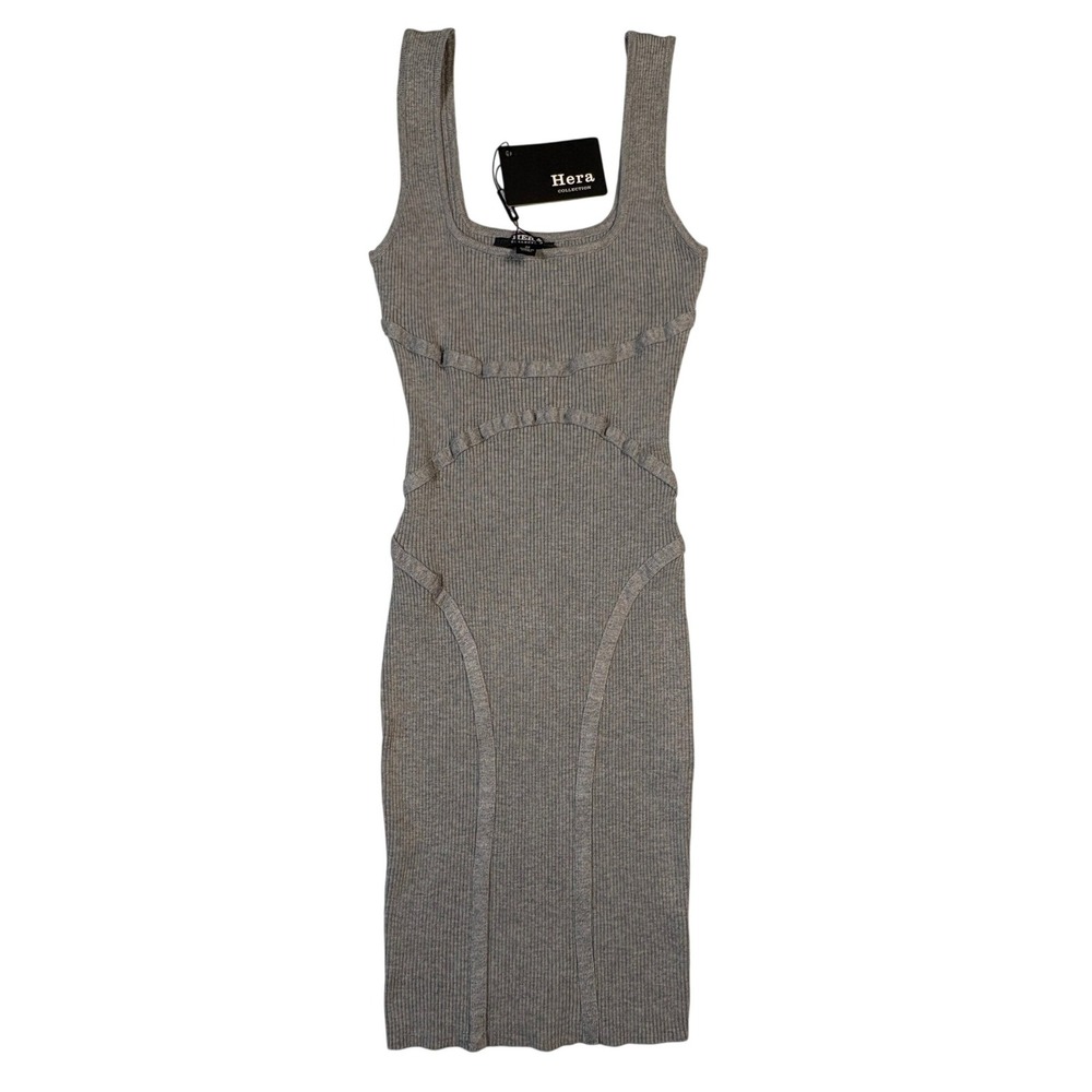Hera Collection Gray Ribbed Knit Bodycon Midi Dress Sleeveless Square Neck S